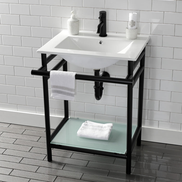 Kingston Brass VPB24187W10 Sheridan 24" Ceramic Console Sink with Stainless Steel Legs and Glass Shelf (1-Hole), White/Matte Black