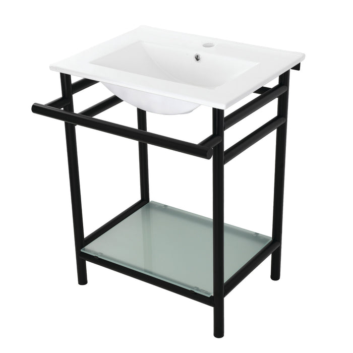 Kingston Brass VPB24187W10 Sheridan 24" Ceramic Console Sink with Stainless Steel Legs and Glass Shelf (1-Hole), White/Matte Black