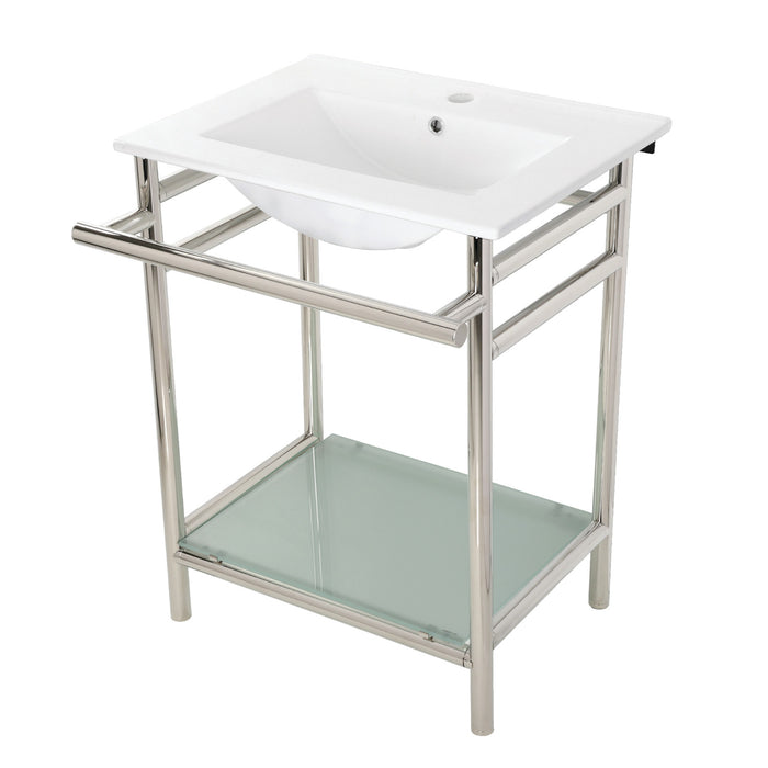 Kingston Brass VPB24187W16 Sheridan 24" Ceramic Console Sink with Stainless Steel Legs and Glass Shelf (1-Hole), White/Polished Nickel