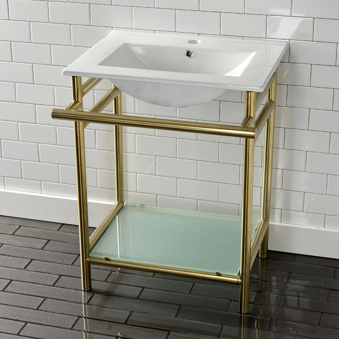 Kingston Brass VPB24187W17 Sheridan 24" Ceramic Console Sink with Stainless Steel Legs and Glass Shelf (1-Hole), White/Brushed Brass