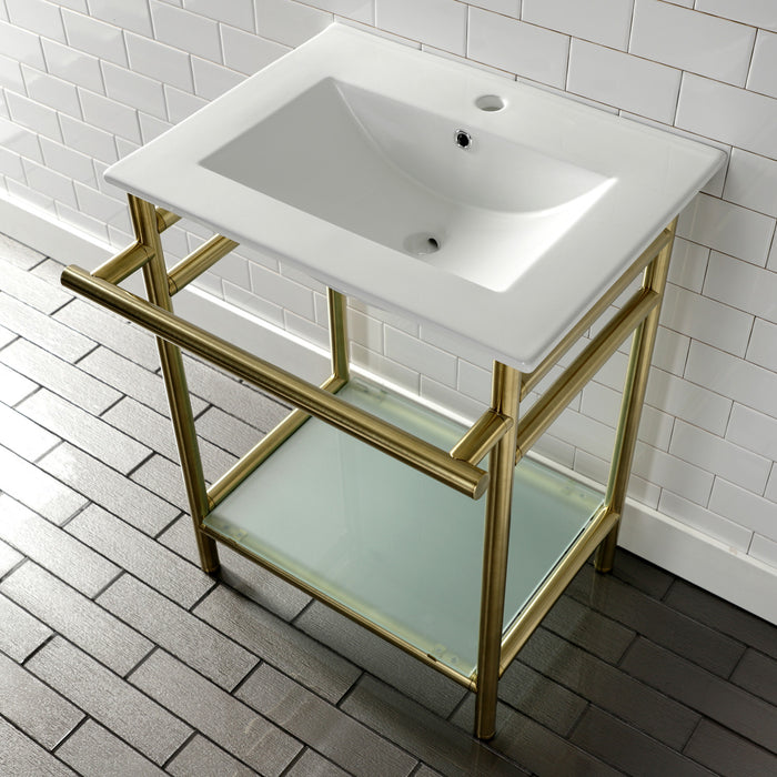 Kingston Brass VPB24187W17 Sheridan 24" Ceramic Console Sink with Stainless Steel Legs and Glass Shelf (1-Hole), White/Brushed Brass