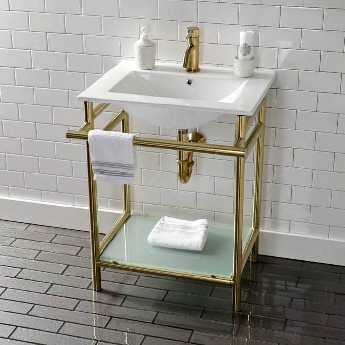 Kingston Brass VPB24187W17 Sheridan 24" Ceramic Console Sink with Stainless Steel Legs and Glass Shelf (1-Hole), White/Brushed Brass