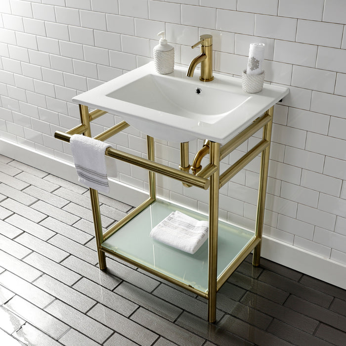 Kingston Brass VPB24187W17 Sheridan 24" Ceramic Console Sink with Stainless Steel Legs and Glass Shelf (1-Hole), White/Brushed Brass