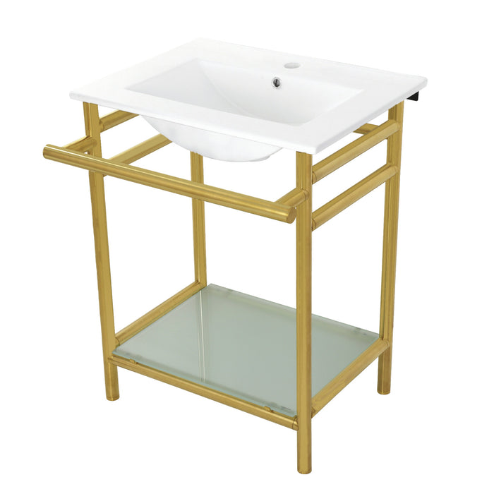 Kingston Brass VPB24187W17 Sheridan 24" Ceramic Console Sink with Stainless Steel Legs and Glass Shelf (1-Hole), White/Brushed Brass