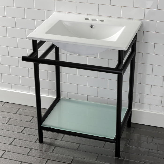 Kingston Brass VPB24187W40 Sheridan 24" Ceramic Console Sink with Stainless Steel Legs and Glass Shelf (4-Inch, 3-Hole), White/Matte Black