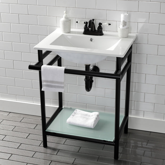 Kingston Brass VPB24187W40 Sheridan 24" Ceramic Console Sink with Stainless Steel Legs and Glass Shelf (4-Inch, 3-Hole), White/Matte Black