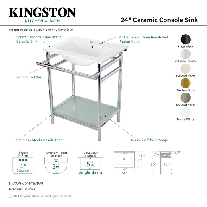 Kingston Brass VPB24187W47 Sheridan 24" Ceramic Console Sink with Stainless Steel Legs and Glass Shelf (4-Inch, 3-Hole), White/Brushed Brass