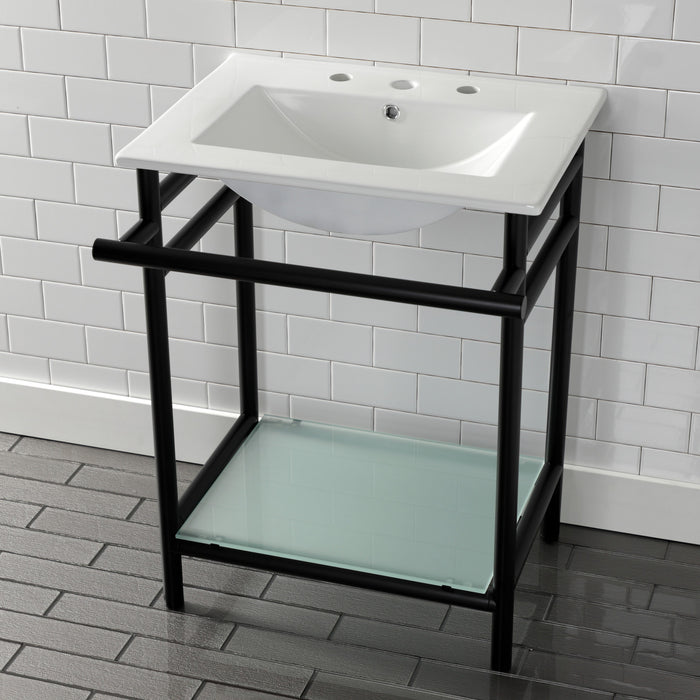 Kingston Brass VPB24187W80 Sheridan 24" Ceramic Console Sink with Stainless Steel Legs and Glass Shelf (8-Inch, 3-Hole), White/Matte Black