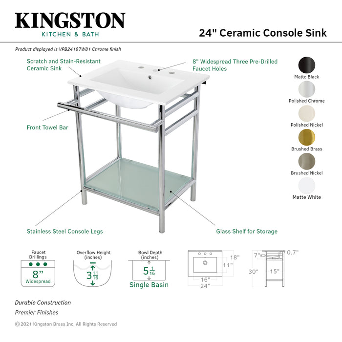 Kingston Brass VPB24187W86 Sheridan 24" Ceramic Console Sink with Stainless Steel Legs and Glass Shelf (8-Inch, 3-Hole), White/Polished Nickel