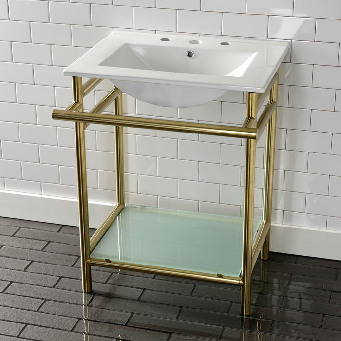 Kingston Brass VPB24187W87 Sheridan 24" Ceramic Console Sink with Stainless Steel Legs and Glass Shelf (8-Inch, 3-Hole), White/Brushed Brass