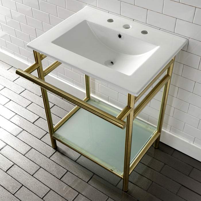 Kingston Brass VPB24187W87 Sheridan 24" Ceramic Console Sink with Stainless Steel Legs and Glass Shelf (8-Inch, 3-Hole), White/Brushed Brass