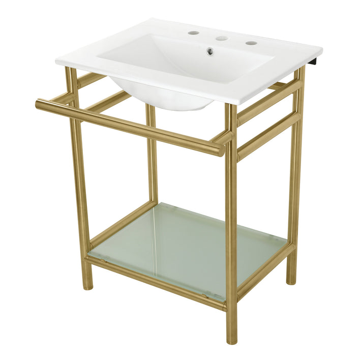 Kingston Brass VPB24187W87 Sheridan 24" Ceramic Console Sink with Stainless Steel Legs and Glass Shelf (8-Inch, 3-Hole), White/Brushed Brass