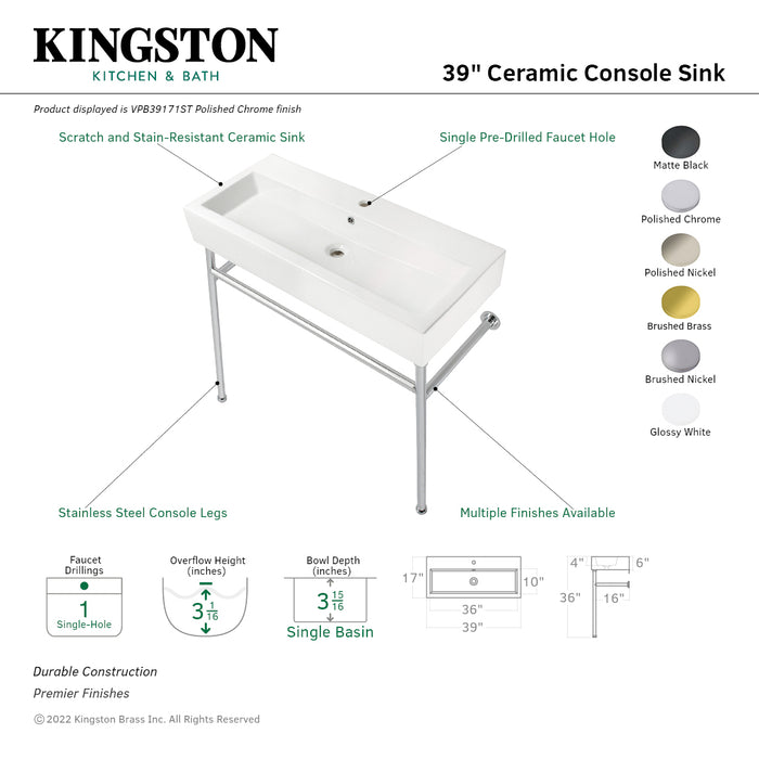 Kingston Brass VPB39176ST New Haven 39" Porcelain Console Sink with Stainless Steel Legs (1-Hole), White/Polished Nickel