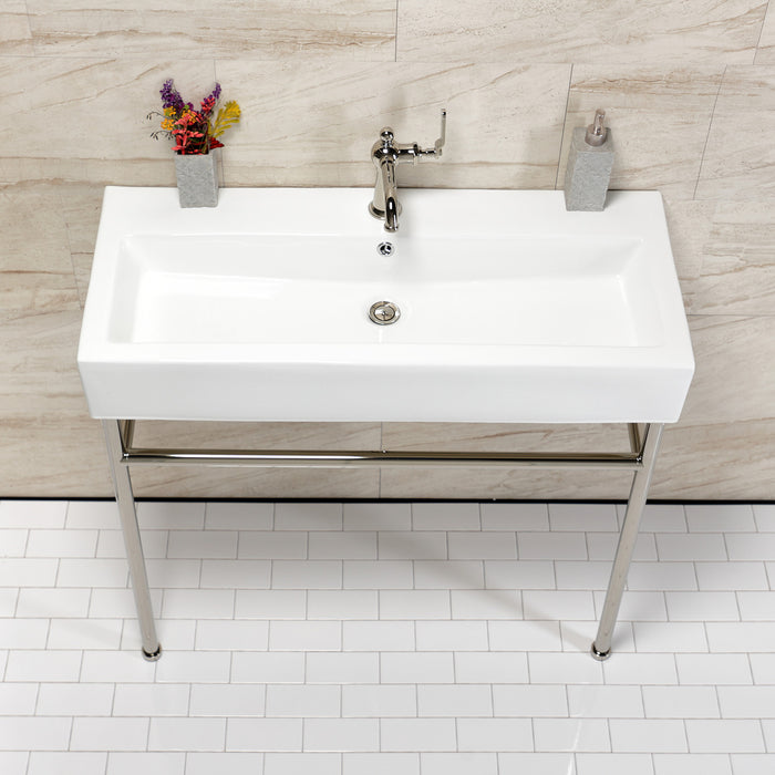 Kingston Brass VPB39176ST New Haven 39" Porcelain Console Sink with Stainless Steel Legs (1-Hole), White/Polished Nickel