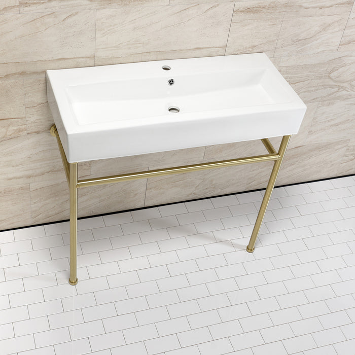 Kingston Brass VPB39177ST New Haven 39" Porcelain Console Sink with Stainless Steel Legs (1-Hole), White/Brushed Brass