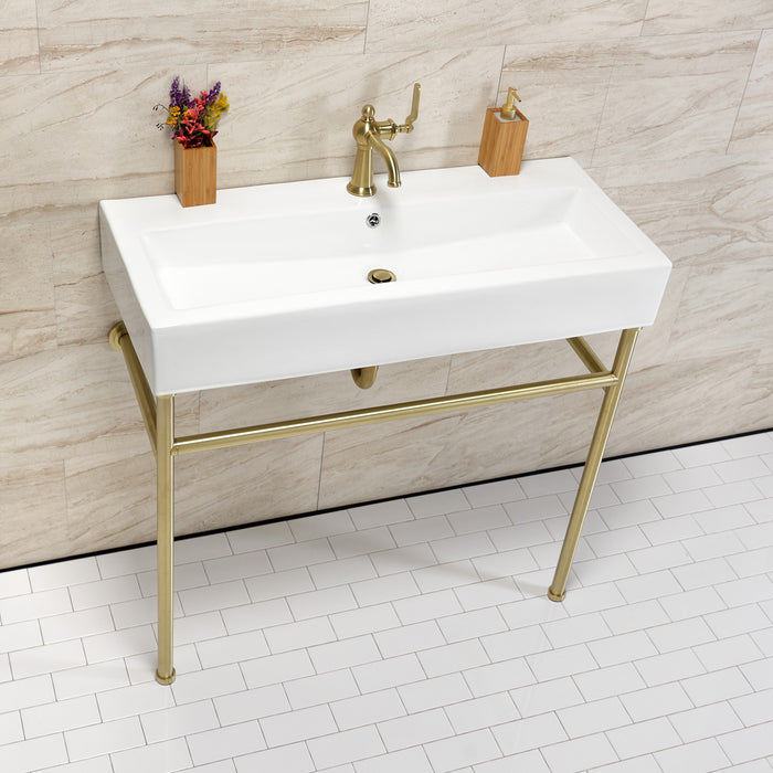 Kingston Brass VPB39177ST New Haven 39" Porcelain Console Sink with Stainless Steel Legs (1-Hole), White/Brushed Brass