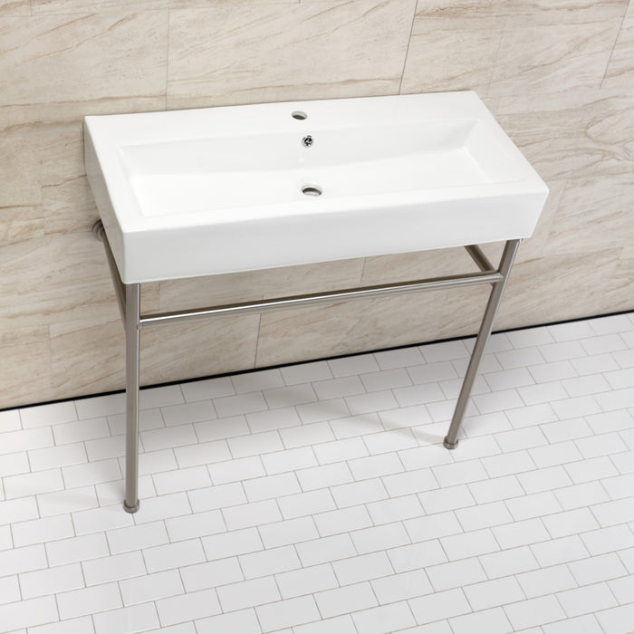 Kingston Brass VPB39178ST New Haven 39" Porcelain Console Sink with Stainless Steel Legs (1-Hole), White/Brushed Nickel