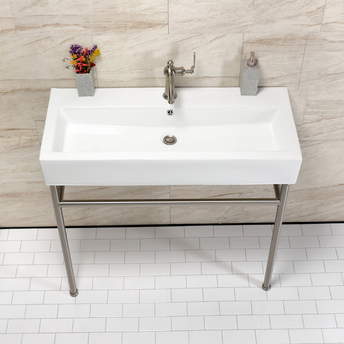 Kingston Brass VPB39178ST New Haven 39" Porcelain Console Sink with Stainless Steel Legs (1-Hole), White/Brushed Nickel