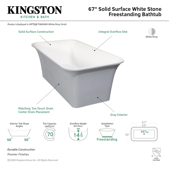 Aqua Eden VRTSQ673624WG Arcticstone 67-Inch Solid Surface White Stone Freestanding Tub with Drain in Matte White/Gray