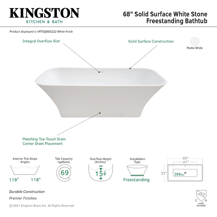 Aqua Eden VRTSQ683222 Arcticstone 68-Inch Solid Surface White Stone Freestanding Tub with Drain, Matte White