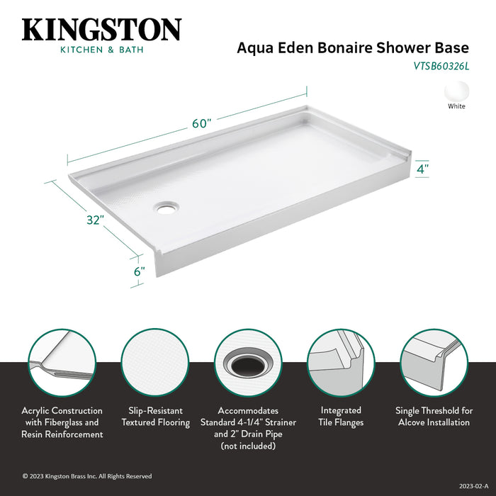 Aqua Eden VTSB60326L Bonaire 60" x 32" Anti-Skid Single Threshold Shower Base with Left Drain Hole, White