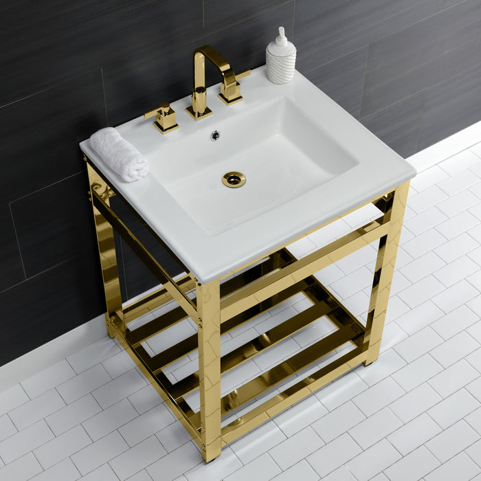 Kingston Brass VWP2522W8A2 Quadras 25" Ceramic Console Sink with Steel Base and Shelf (8-Inch, 3-Hole), White/Polished Brass