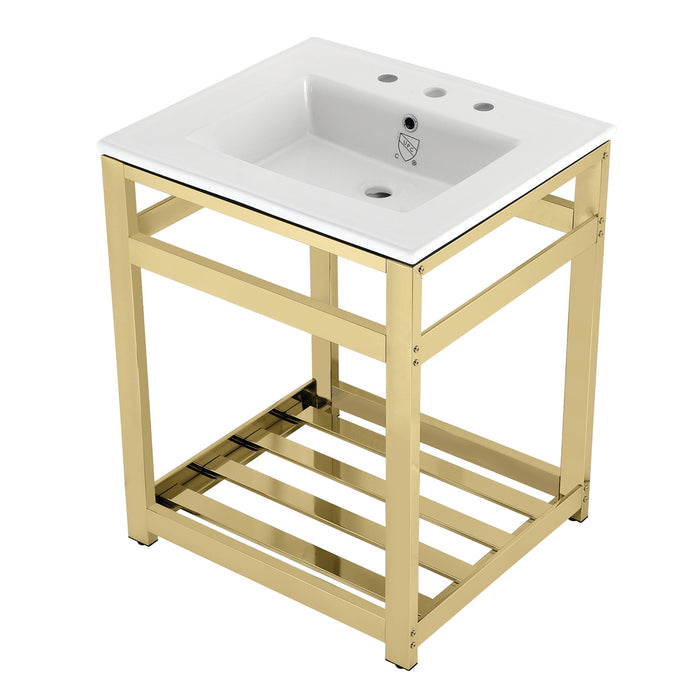 Kingston Brass VWP2522W8A2 Quadras 25" Ceramic Console Sink with Steel Base and Shelf (8-Inch, 3-Hole), White/Polished Brass