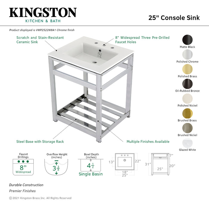 Kingston Brass VWP2522W8A6 Quadras 25" Ceramic Console Sink with Steel Base and Shelf (8-Inch, 3-Hole), White/Polished Nickel