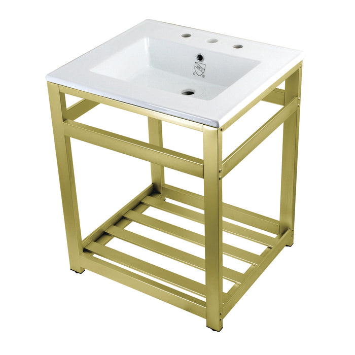 Kingston Brass VWP2522W8A7 Quadras 25" Ceramic Console Sink with Steel Base and Shelf (8-Inch, 3-Hole), White/Brushed Brass