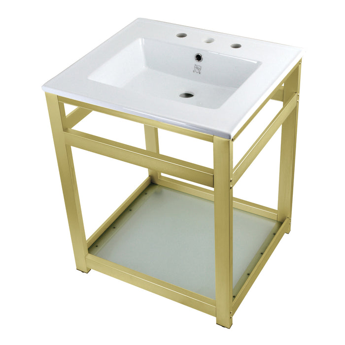 Kingston Brass VWP2522W8B7 Quadras 25" Ceramic Console Sink with Steel Base and Glass Shelf (8-Inch, 3-Hole), White/Brushed Brass