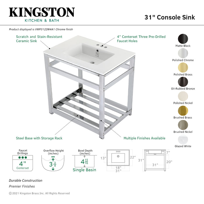 Kingston Brass VWP3122W4A7 Quadras 31" Ceramic Console Sink with Steel Base and Shelf (4-Inch, 3-Hole), White/Brushed Brass