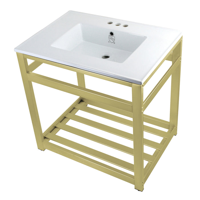 Kingston Brass VWP3122W4A7 Quadras 31" Ceramic Console Sink with Steel Base and Shelf (4-Inch, 3-Hole), White/Brushed Brass