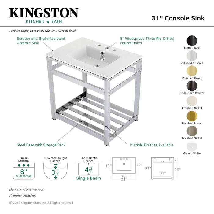 Kingston Brass VWP3122W8A7 Quadras 31" Ceramic Console Sink with Steel Base and Shelf (8-Inch, 3-Hole), White/Brushed Brass