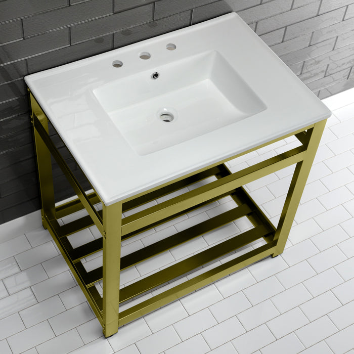 Kingston Brass VWP3122W8A7 Quadras 31" Ceramic Console Sink with Steel Base and Shelf (8-Inch, 3-Hole), White/Brushed Brass