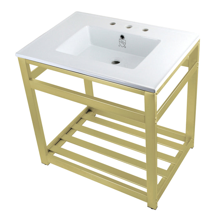 Kingston Brass VWP3122W8A7 Quadras 31" Ceramic Console Sink with Steel Base and Shelf (8-Inch, 3-Hole), White/Brushed Brass