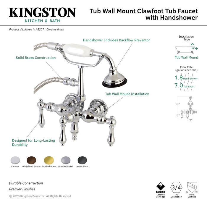 Kingston Brass AE19T5 Aqua Vintage 3-3/8 Inch Wall Mount Tub Faucet with Hand Shower, Oil Rubbed Bronze