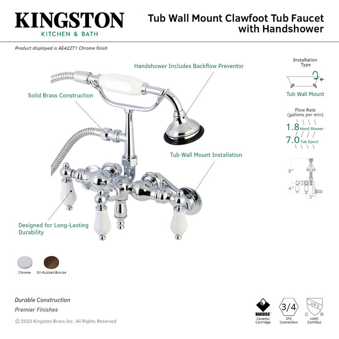 Kingston Brass AE421T5 Aqua Vintage 3-3/8 Inch Adjustable Wall Mount Clawfoot Tub Faucet with Hand Shower, Oil Rubbed Bronze