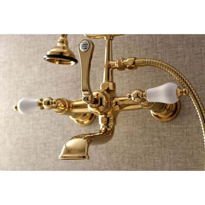 Kingston Brass AE553T2 Aqua Vintage 7-Inch Wall Mount Tub Faucet with Hand Shower, Polished Brass