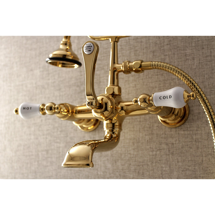 Kingston Brass AE555T2 Aqua Vintage 7-Inch Wall Mount Tub Faucet with Hand Shower, Polished Brass