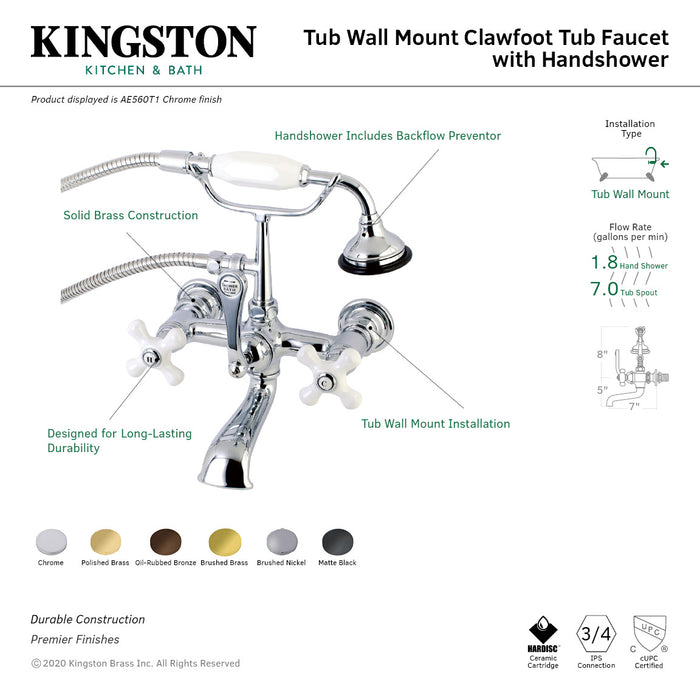 Kingston Brass AE559T5 Aqua Vintage 7-Inch Wall Mount Tub Faucet with Hand Shower, Oil Rubbed Bronze