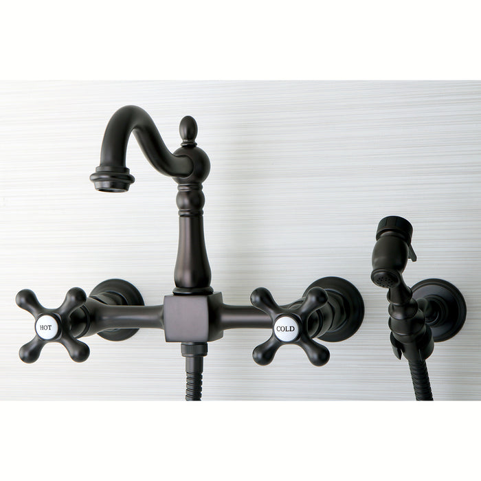 Kingston Brass KS1265AXBS Heritage Wall Mount Bridge Kitchen Faucet with Brass Sprayer, Oil Rubbed Bronze