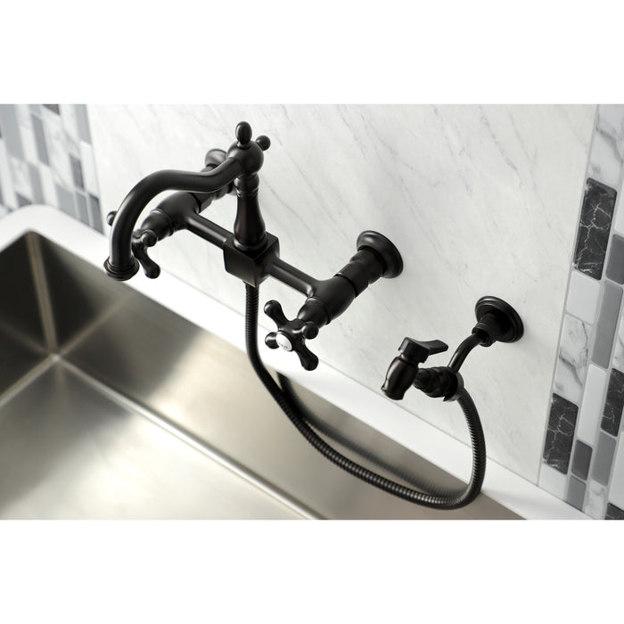 Kingston Brass KS1265AXBS Heritage Wall Mount Bridge Kitchen Faucet with Brass Sprayer, Oil Rubbed Bronze