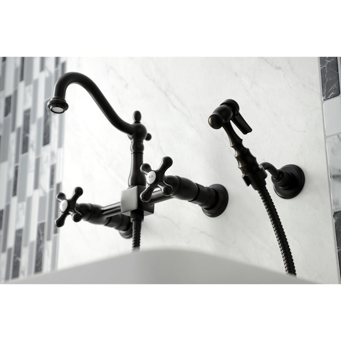 Kingston Brass KS1265AXBS Heritage Wall Mount Bridge Kitchen Faucet with Brass Sprayer, Oil Rubbed Bronze