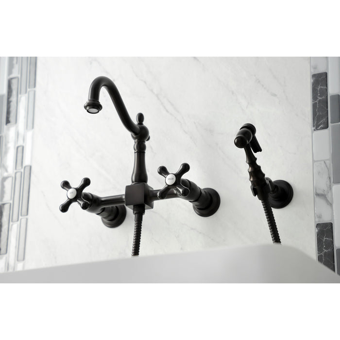 Kingston Brass KS1265AXBS Heritage Wall Mount Bridge Kitchen Faucet with Brass Sprayer, Oil Rubbed Bronze