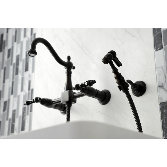 Kingston Brass KS1265PKLBS Duchess Wall Mount Bridge Kitchen Faucet with Brass Sprayer, Oil Rubbed Bronze