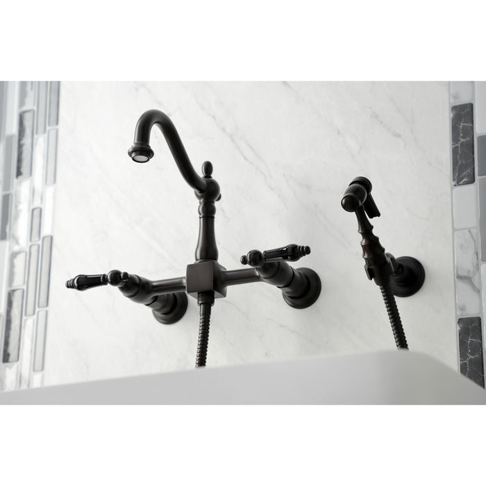 Kingston Brass KS1265PKLBS Duchess Wall Mount Bridge Kitchen Faucet with Brass Sprayer, Oil Rubbed Bronze