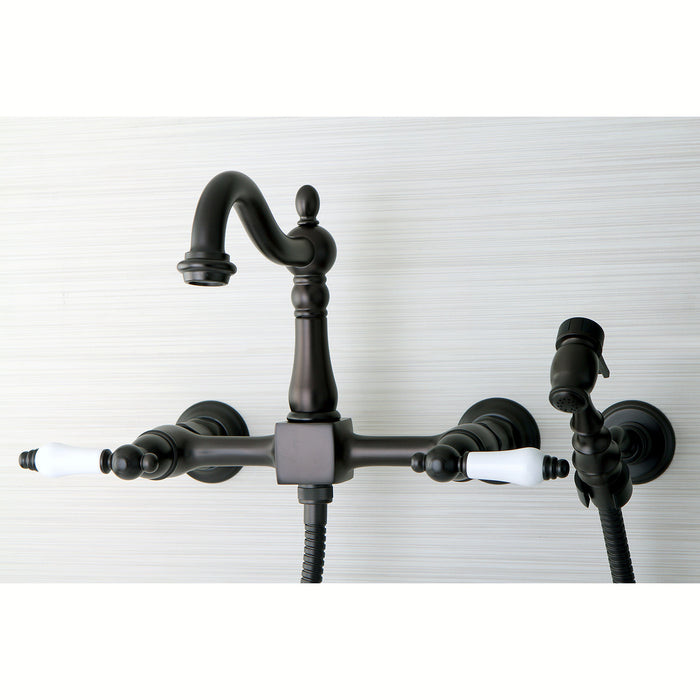 Kingston Brass KS1265PLBS Heritage Wall Mount Bridge Kitchen Faucet with Brass Sprayer, Oil Rubbed Bronze