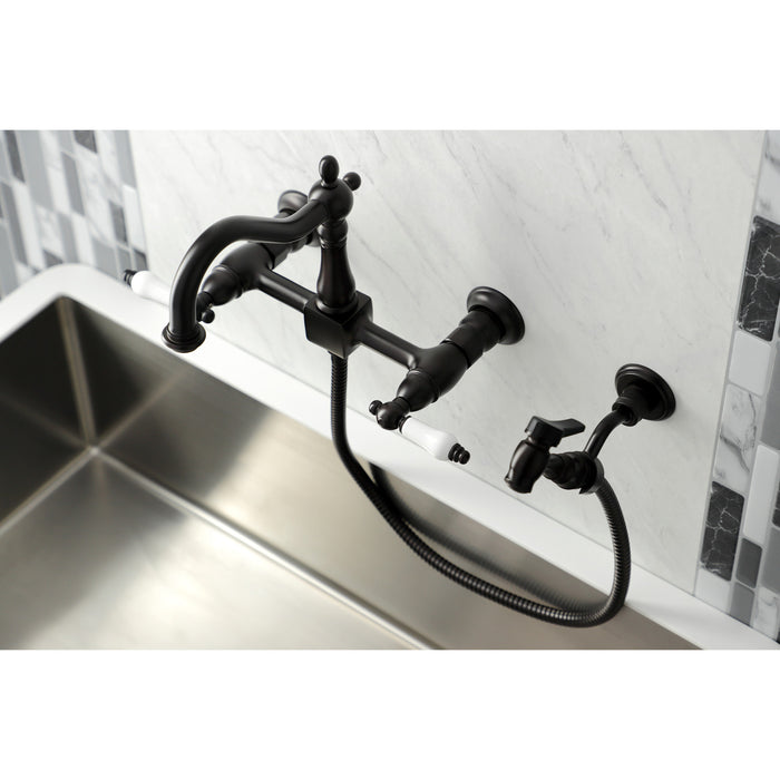 Kingston Brass KS1265PLBS Heritage Wall Mount Bridge Kitchen Faucet with Brass Sprayer, Oil Rubbed Bronze