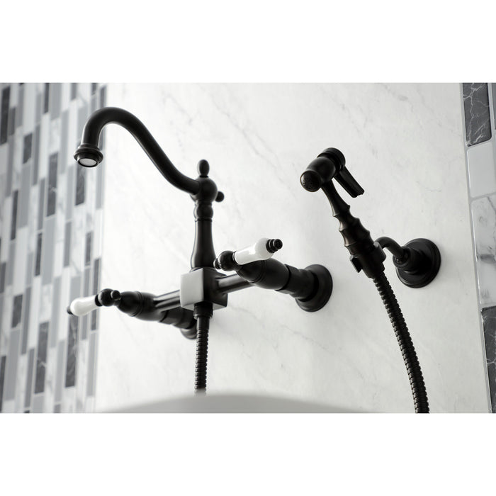 Kingston Brass KS1265PLBS Heritage Wall Mount Bridge Kitchen Faucet with Brass Sprayer, Oil Rubbed Bronze