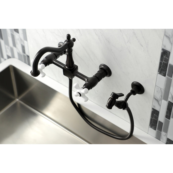 Kingston Brass KS1265PXBS Heritage Wall Mount Bridge Kitchen Faucet with Brass Sprayer, Oil Rubbed Bronze